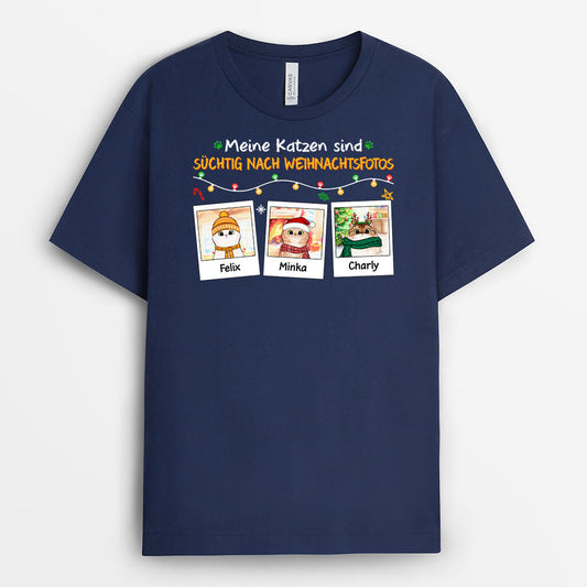 1391AGE1 personalisierter meine katzen sind suchtig nach weihnachtsfotos t shirt