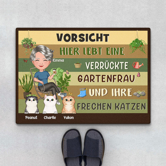 1856DGE1 personalisierte vorsicht_ hier wohnen eine verruckte pflanzenfrau und ihre frechen katzen fussmatte