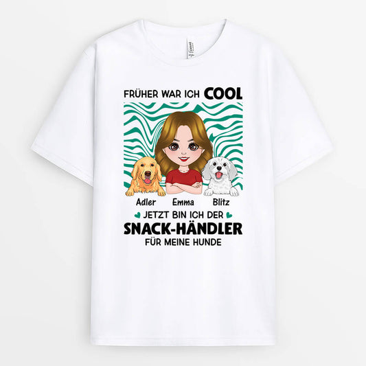 1987GE1 personalisiertes fruher war ich cool jetzt bin ich der snack handler fur meine hunde t shirt