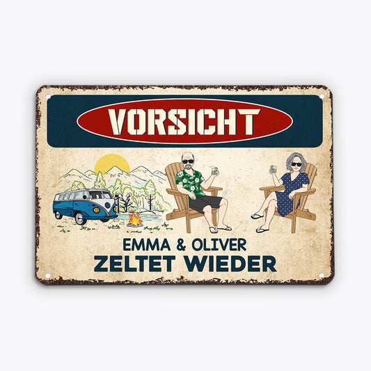 2052AGE1 personalisiertes vorsicht sie zelten wieder turschild