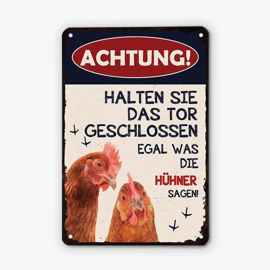 2973EGE1 halten sie das tor geschlossen personalisiertes turschild mit huhnern