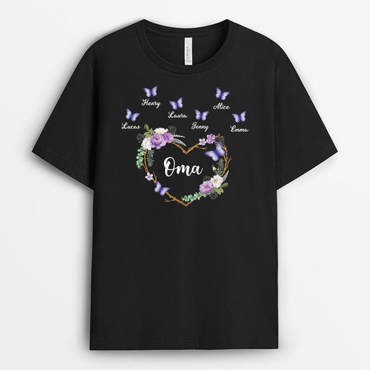 3298AGE1 oma und kinder tagfalter blumen herz personalisiertes t shirt fur omas
