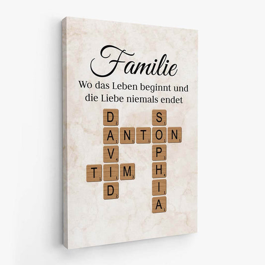 3591CGE2 familie wo das leben beginnt und die liebe niemals endet personalisierte leinwand fur die familie mit kreuzwortratsel design