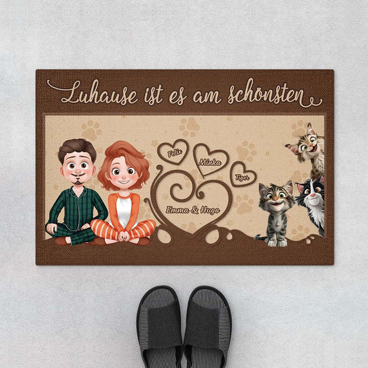 4366DGE1 home sweet home cartoon personalisierte fussmatte familie mit katze 4366DKM0D