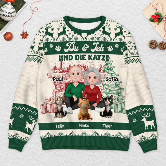 5646WGE2 du ich und die katzen cartoon personalisierter weihnachtspullover_ paar 5646WTMMD