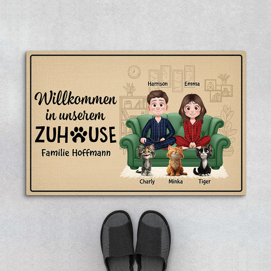 5933DGE1 willkommen in unserem zuhause katze fussmatte personalisiert paar_ 5933D6HND