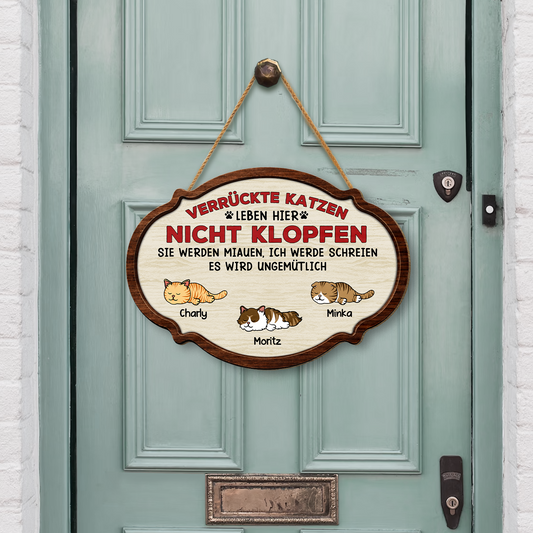 7772QGE2 verruckte katzen leben hier nicht klopfen personalisierte geschenke katze holzschild 7772q6chc