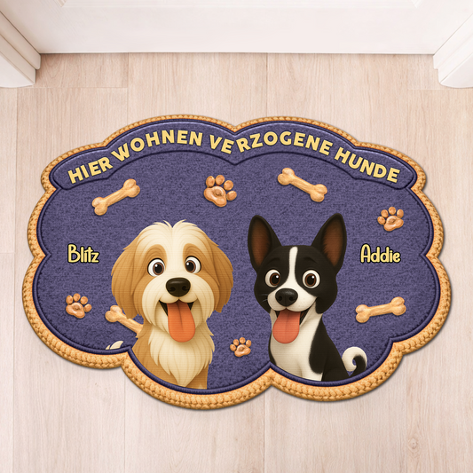 8558AGE1 hier wohnen verzogene hunde personalisiertes hunde geschenk fussmatte unregelmassige form 8558adavrc_1