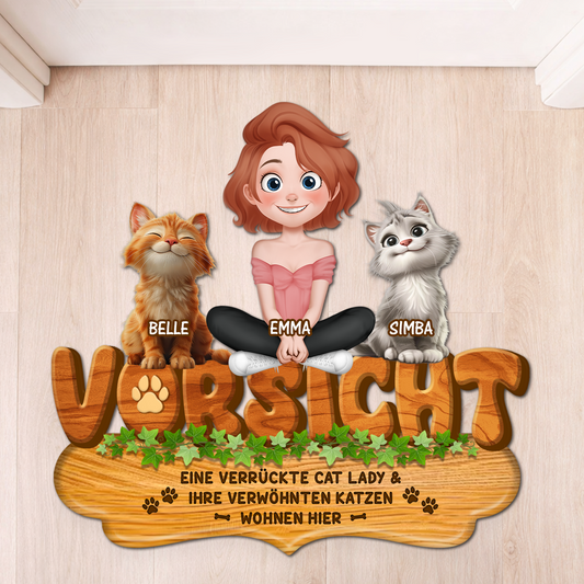 8573AGE1 eine verruckte cat lady ihre verwohnte katze wohnen hier personalisierte geschenke katze fussmatte unregelmassige form 8573adafbd_jpg