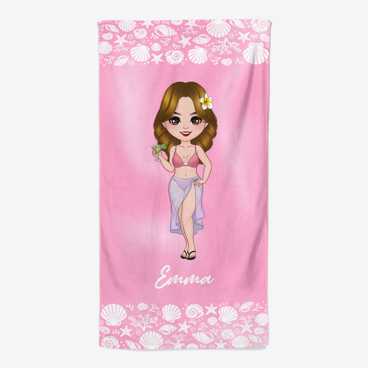 9277BGE1 frau am strand bikini personalisiertes geschenk strandtuch muschelschale 9277b8cna