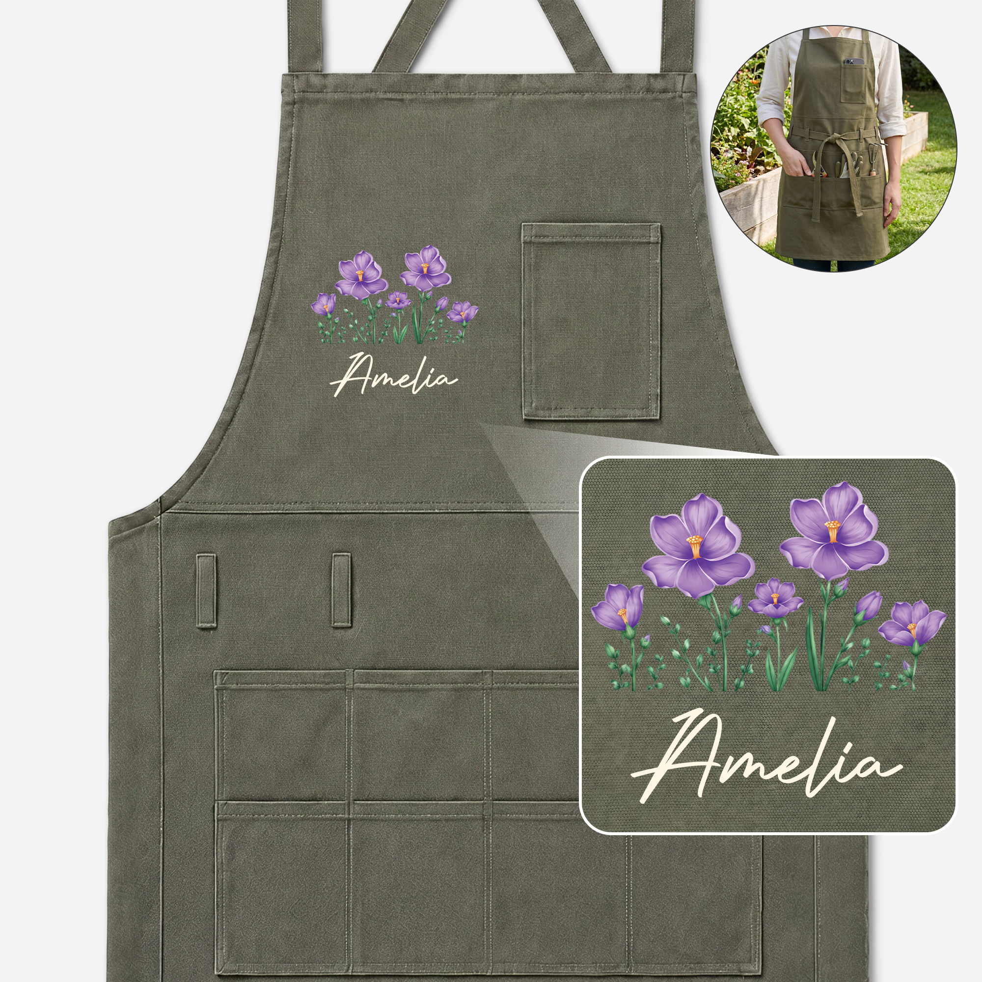 Name + Blumen - Personalisiertes Geschenk | Gartenschürze Damen