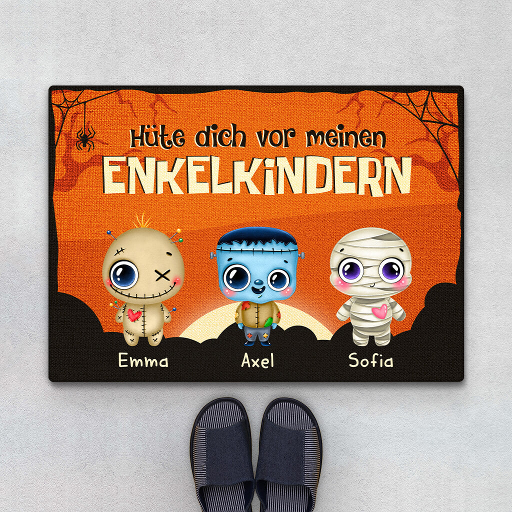 Vorsicht Vor Meinen Enkelkindern Halloween - Personalisiertes Geschenk | Fußmatte für Großeltern