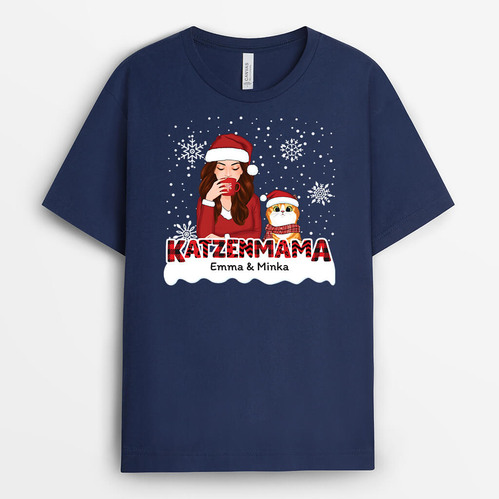 Katzenmama Mit Rotem Muster Zu Weihnachten - Personalisiertes Geschenk | T-shirt für Katzenliebhaber
