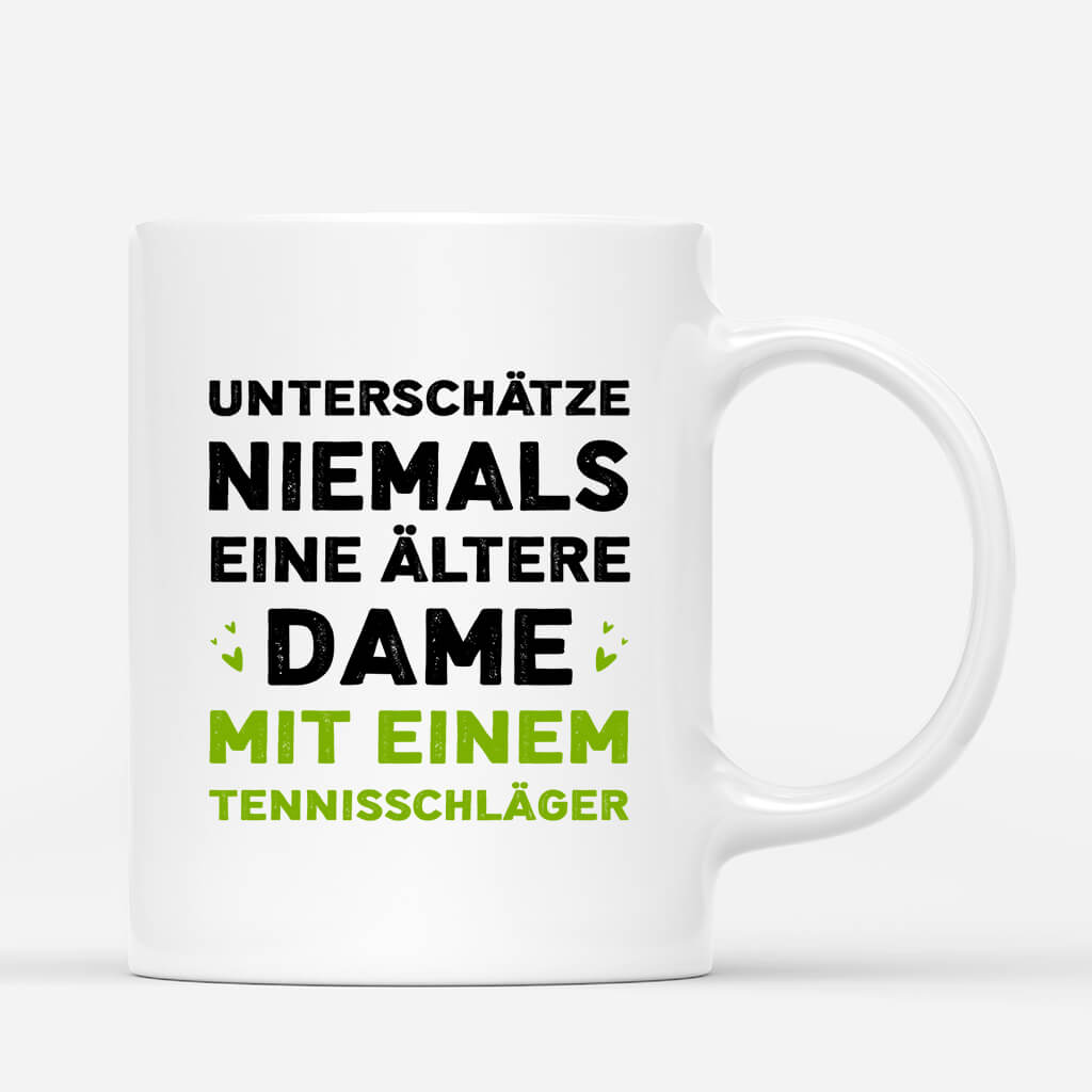1847MGE3 personalisierte unterschatze niemals eine altere dame mit einem tennisschlager tasse