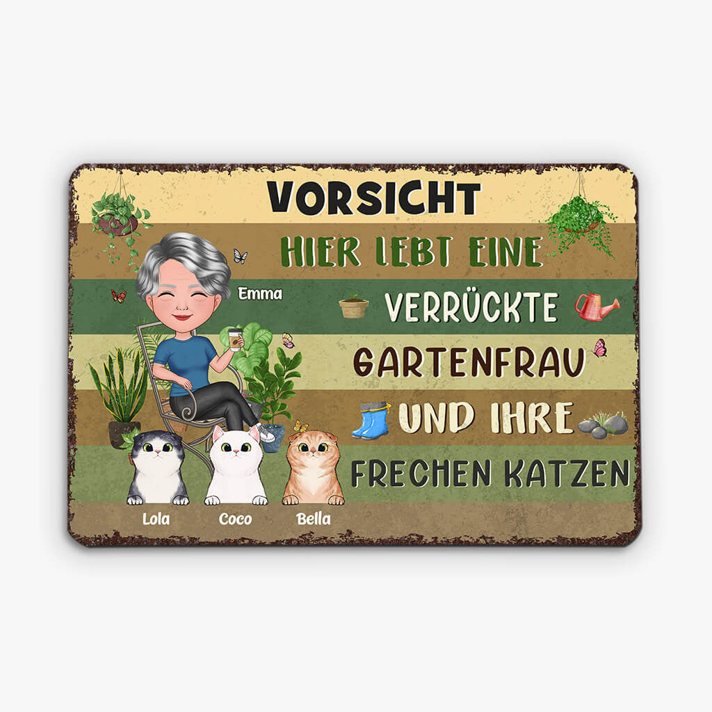 1856EGE2 personalisiertes vorsicht_ hier wohnen eine verruckte pflanzenfrau und ihre frechen katzen turschild