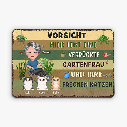 1856EGE2 personalisiertes vorsicht_ hier wohnen eine verruckte pflanzenfrau und ihre frechen katzen turschild