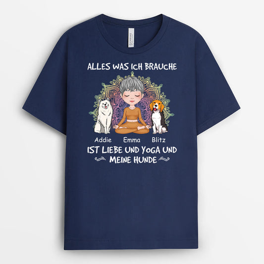 1900AGE2 personalisiertes alles was ich brauche ist liebe und yoga und meine hunde t shirt