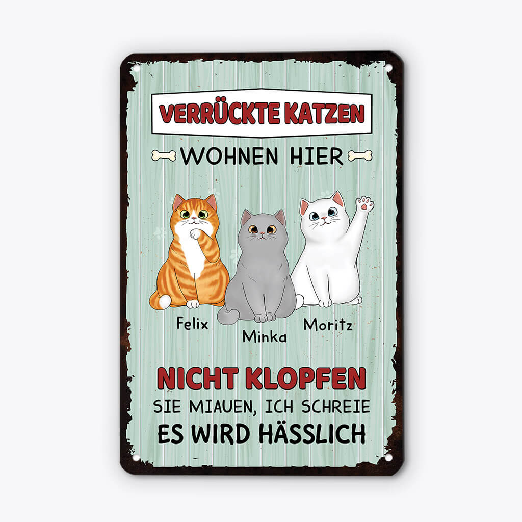 Verrückte Katzen Wohnen Hier - Personalisiertes Geschenk | Türschild für Katzenbeliebhaber