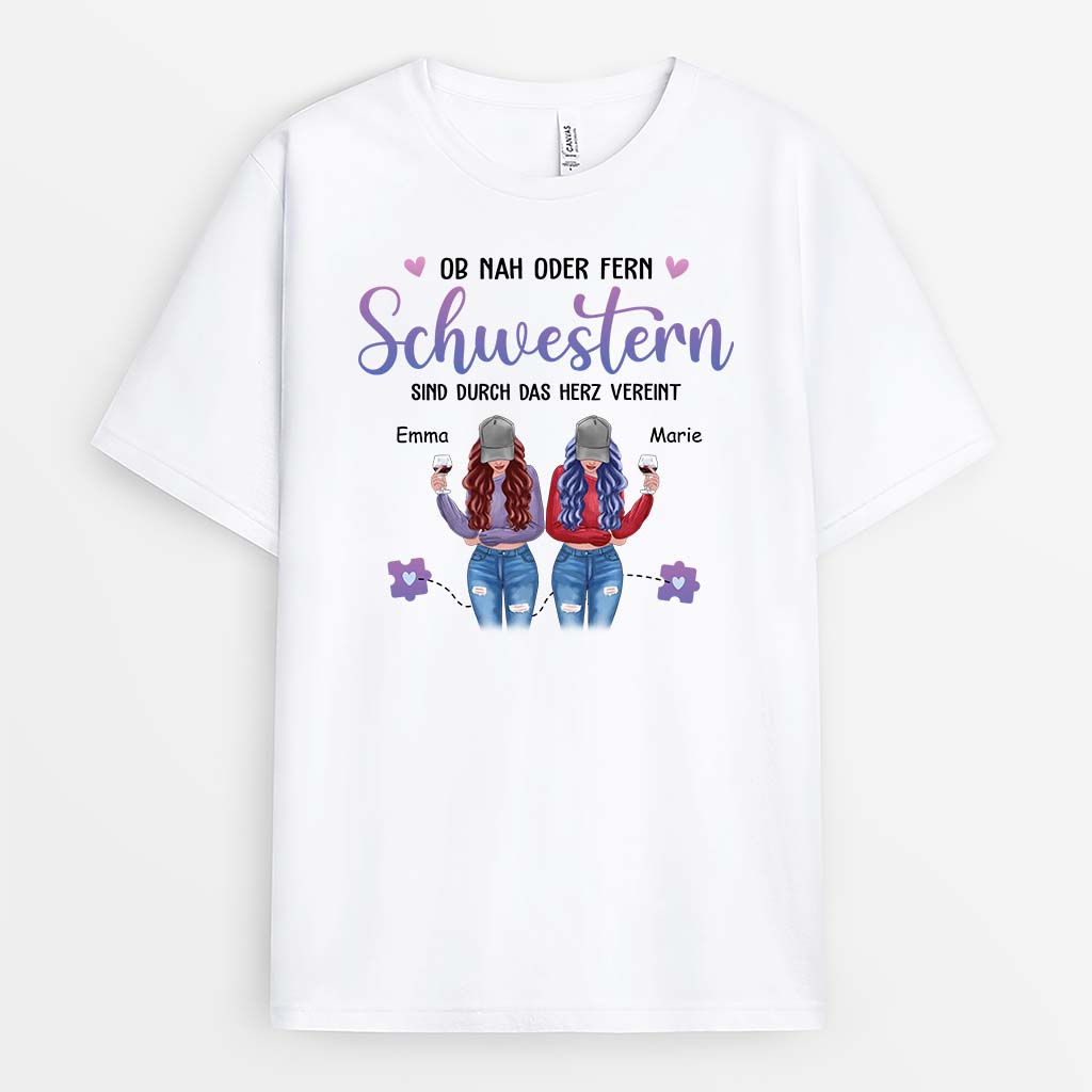 Ob Nah Oder Fern Schwestern Sind Durch Das Herz Vereint - Personalisiertes Geschenk | T-Shirt für Schwestern