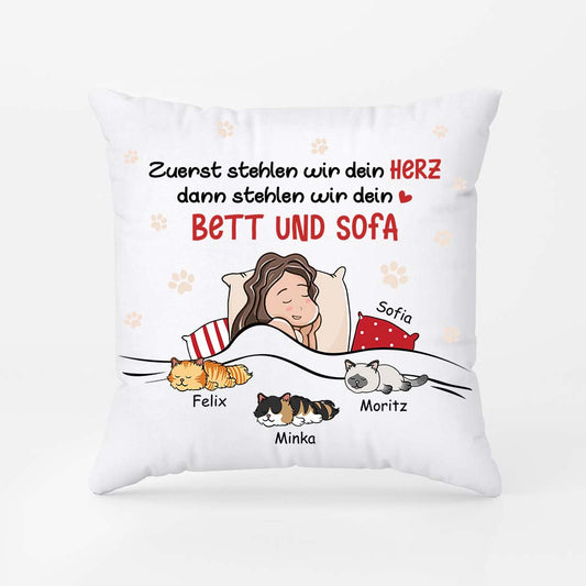 2843PGE1 zuerst stehlen wir dein herz dann stehlen wir dein bett und sofa  lustieges kissen fur katzenliebhaber personalisiert
