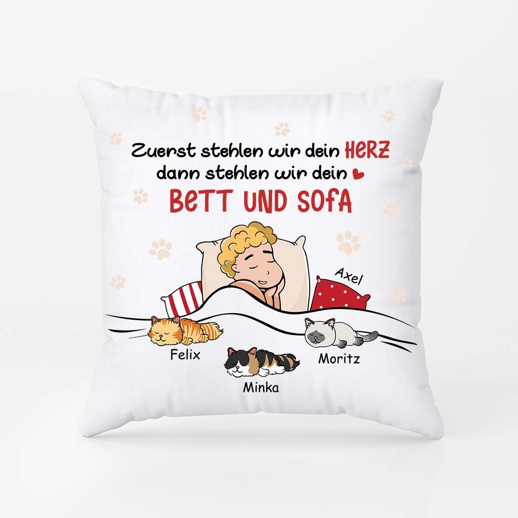 2843PGE2 zuerst stehlen wir dein herz dann stehlen wir dein bett und sofa  lustieges kissen fur katzenliebhaber personalisiert