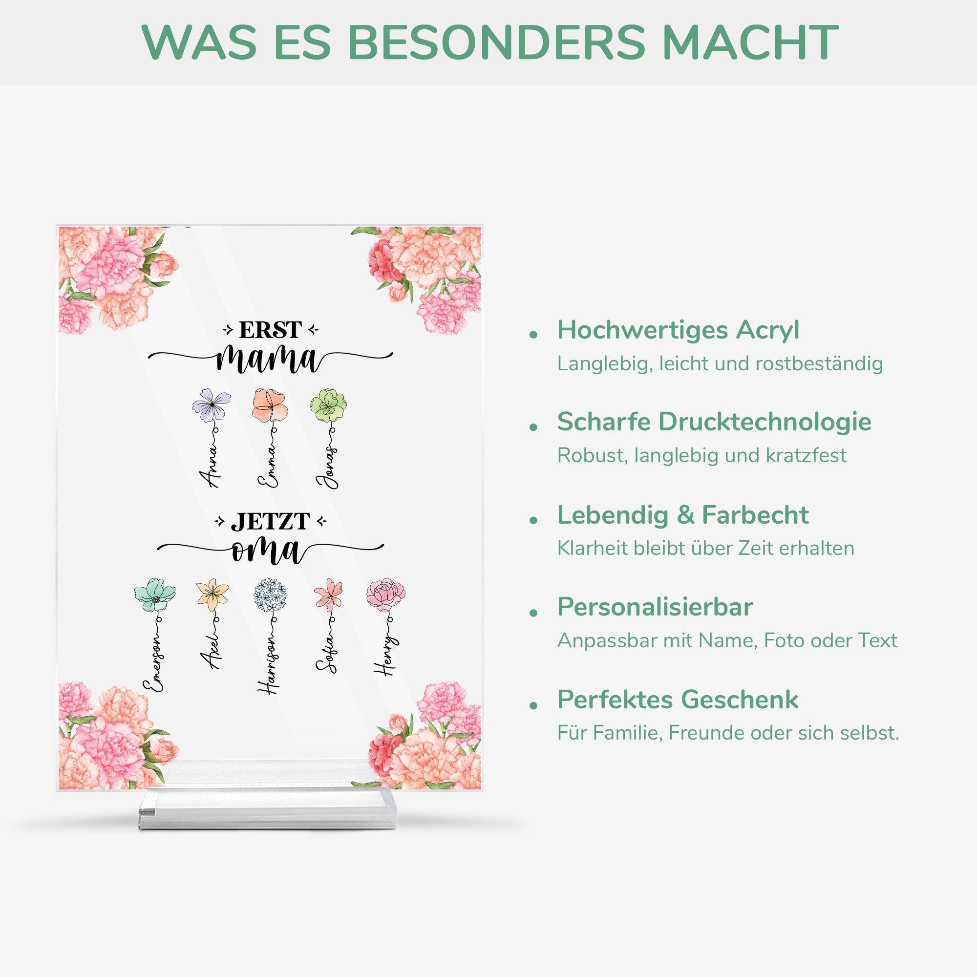 2851RGE5 erst mama jetzt oma personalisiertes geschenk  acryl aufsteller mit stander blumen 2851r8q5a