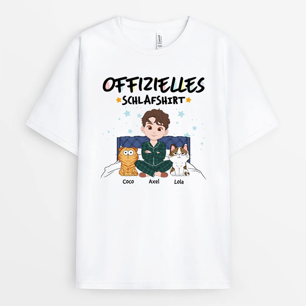 3359GE2 offizielles schlafshirt der mensch und katzen setzen sich auf das bett  personalisiertes t shirt fur katzenliebhaber