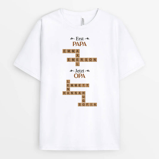 3377AGE1 fruher papa jetzt opa kindernamen kreuzwortratsel  personalisiertes t shirt fur manner