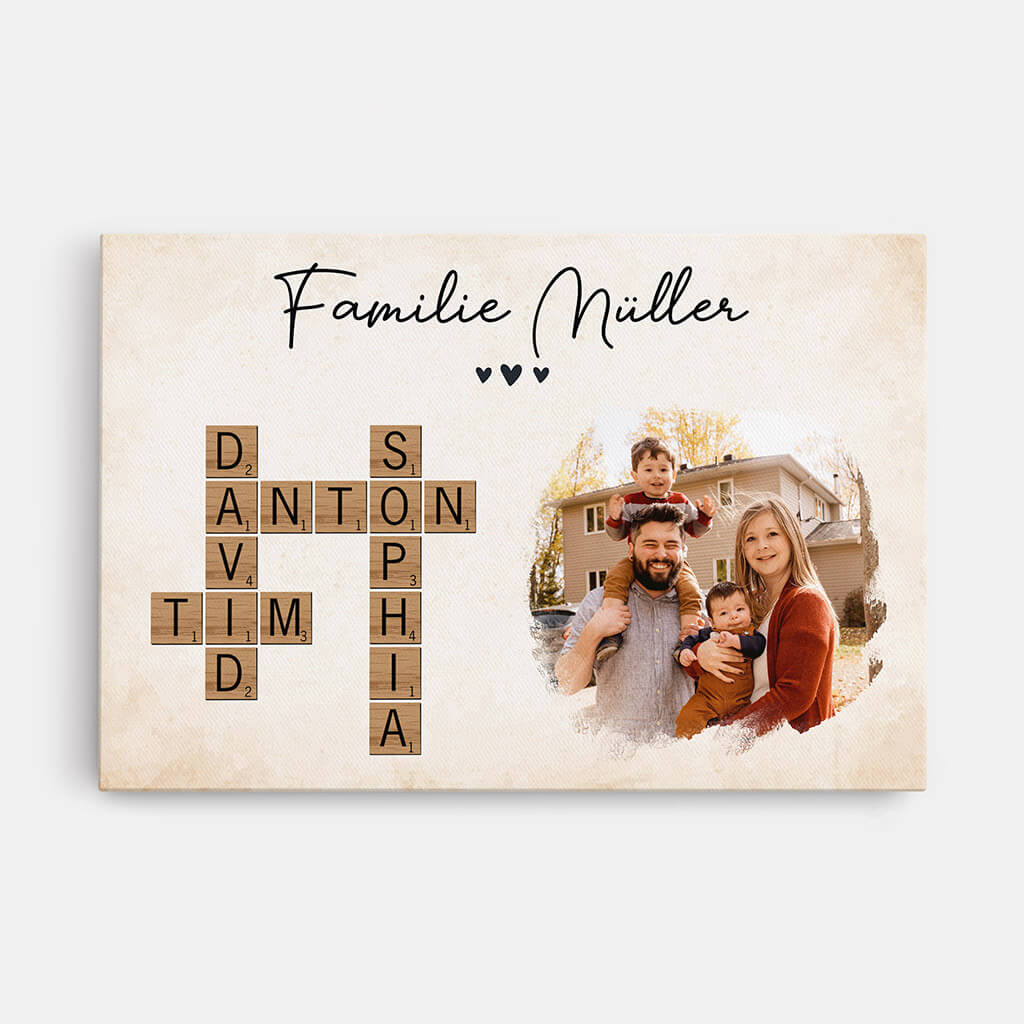 Die Familie Kreuzworträtsel - Personalisiertes Geschenk | Leinwand mit Foto für die Familie