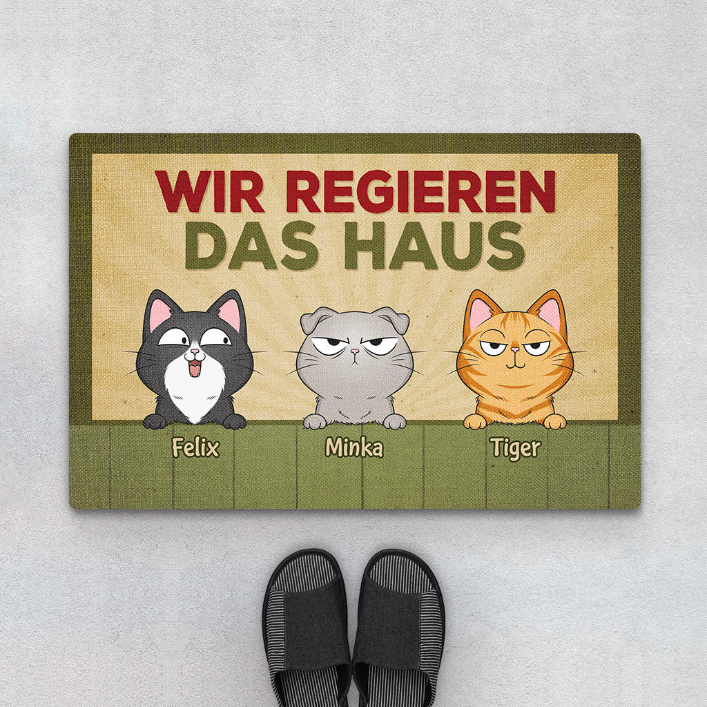 Wir Regieren Das Haus - Personalisiertes Geschenk | Fußmatte für Tierliebhaber im Retro Stil