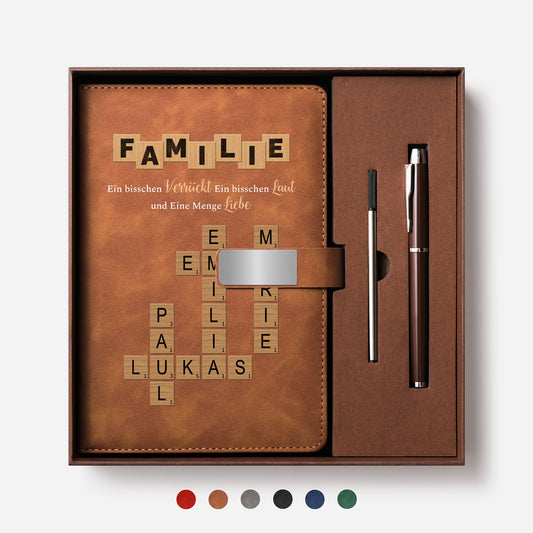 3446MGE1 familie etwas verruckt etwas laut und ganz viel liebe personalisiertes kreuzwortratsel geschenk  uv druck notizbuch mit stift 3446mosv5i_1