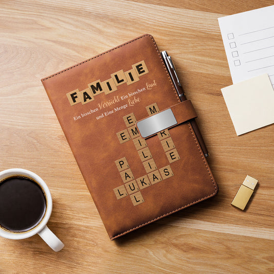 3446MGE1 familie etwas verruckt etwas laut und ganz viel liebe personalisiertes kreuzwortratsel geschenk  uv druck notizbuch mit stift 3446mosv5i_3