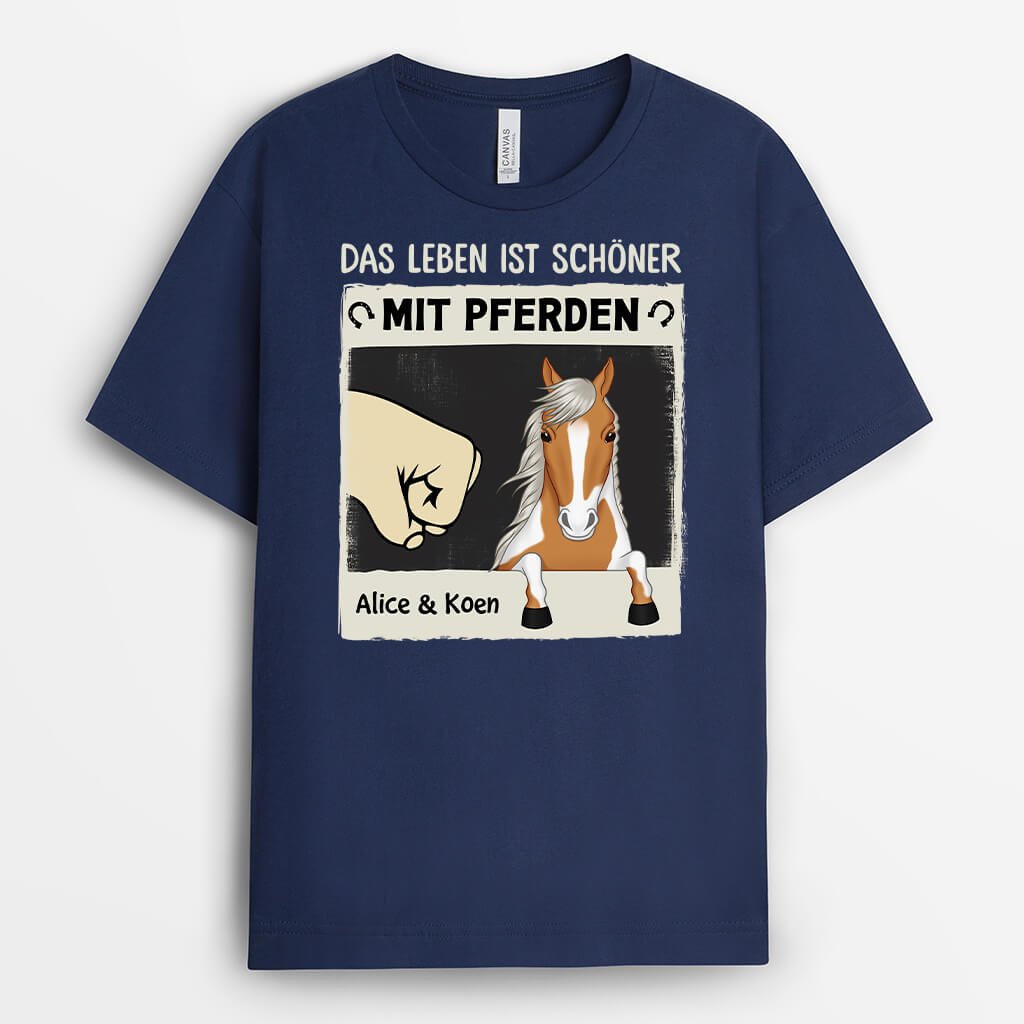 3487AGE2 das leben ist schoner mit pferden  personalisiertes t shirt fur pferdliebhaber