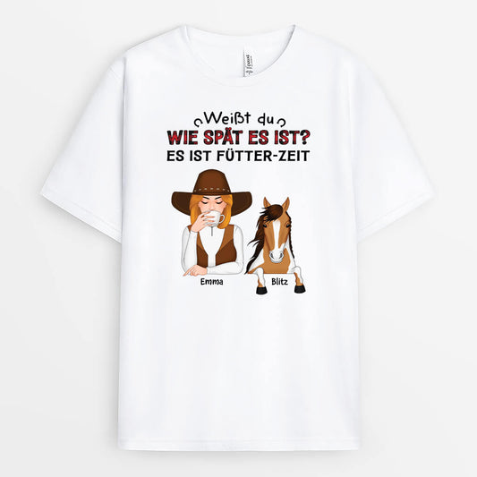 3507AGE1 weisst du wie spat es ist es ist futter mich uhrzeit  personalisiertes t shirt fur pferdliebhaber
