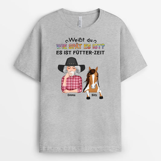 3507AGE2 weisst du wie spat es ist es ist futter mich uhrzeit  personalisiertes t shirt fur pferdliebhaber