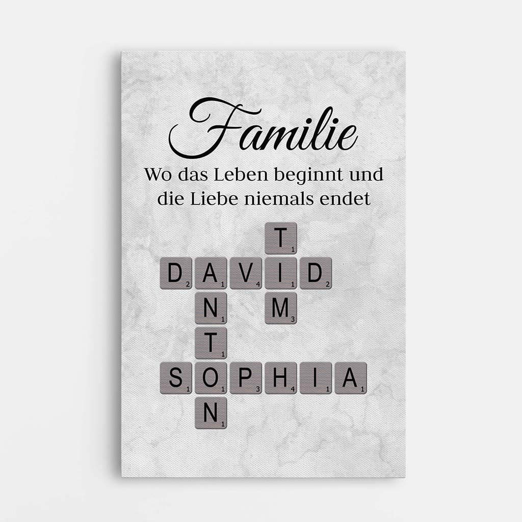 Familie Wo Das Leben Beginnt Und Die Liebe Niemals Endet - Personalisiertes Geschenk | Leinwand für die Familie mit Kreuzworträtsel-Design