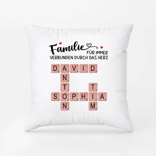 3592PGE1 familie ist immer durch das herz verbunden  personalisiertes kissen fur die familie mit kreuzwortratsel design