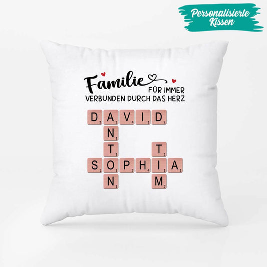 3592PGE2 familie ist immer durch das herz verbunden  personalisiertes kissen fur die familie mit kreuzwortratsel design