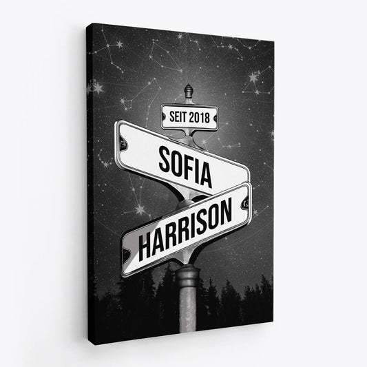 3674CGE2 stra_enschild mit wald und sternenmotiven im vintage stil  perrsonalisierte leinwand f_r paare