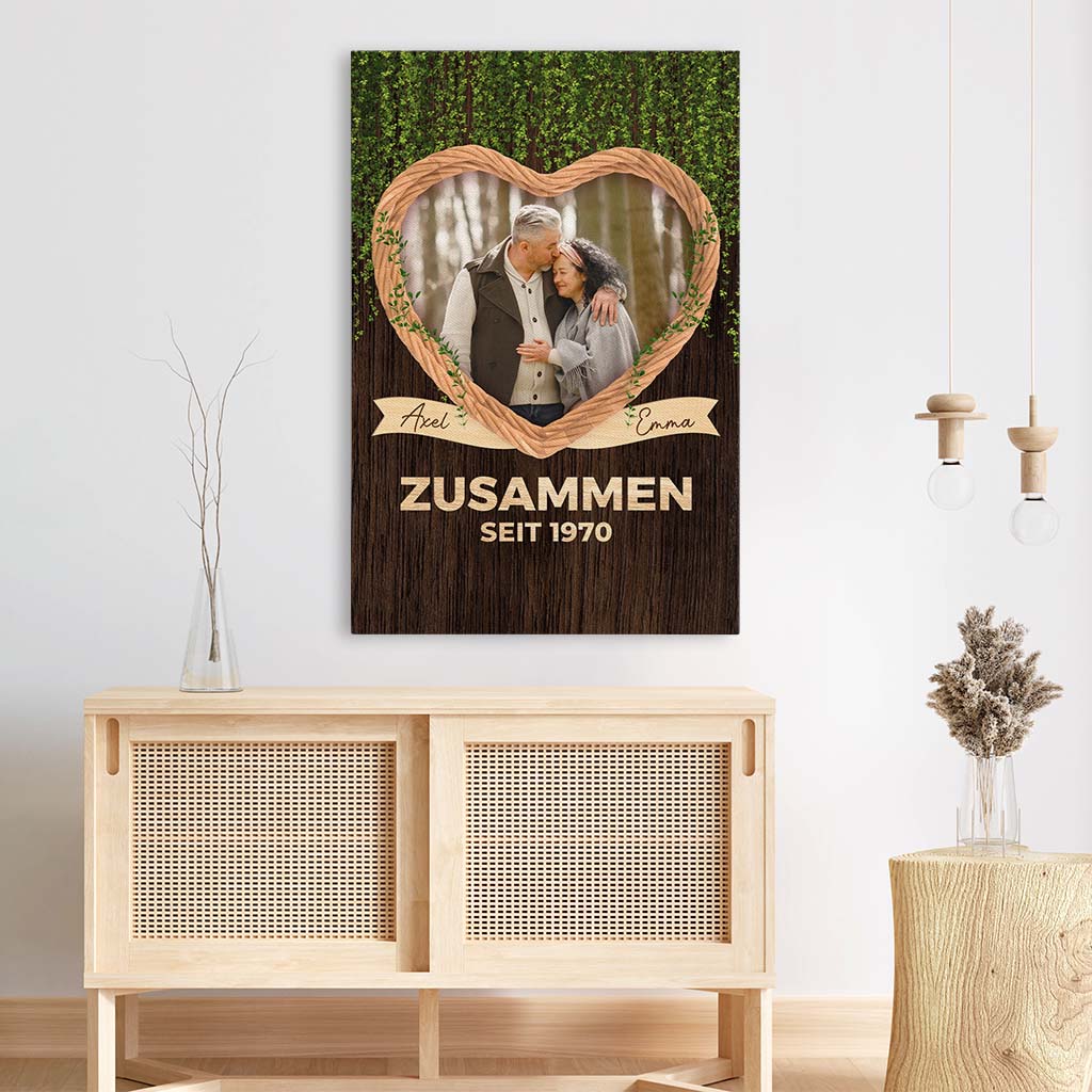 3677CGE3 zusammen seit holz und herz  perrsonalisierte leinwand fur paare zum jahrestag