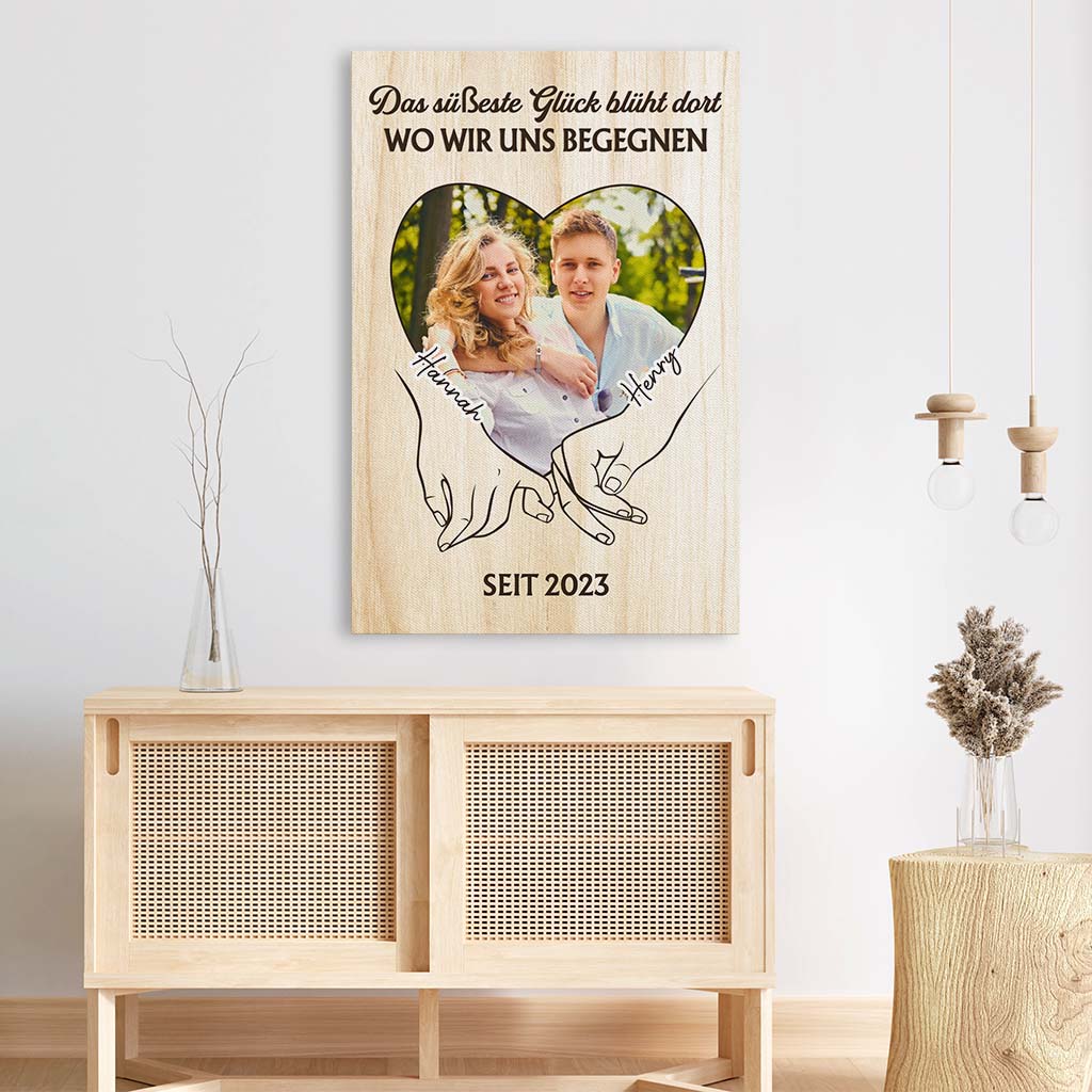 3692CGE3 das susseste gluck bluht dort wo wir uns begegnen  personalisierte leinwand mit foto fur paare