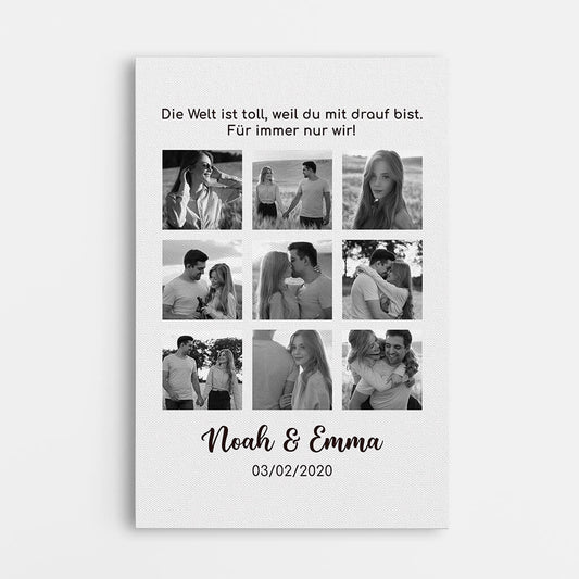3707CGE1 die welt ist toll weil du mit drauf bist fur immer nur wir  personalisierte leinwand mit foto fur paare zum jahrestag