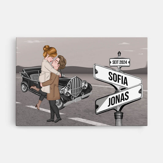 3723CGE1 strassenschild mit auto im vintage stil  personalisierte leinwand fur paare