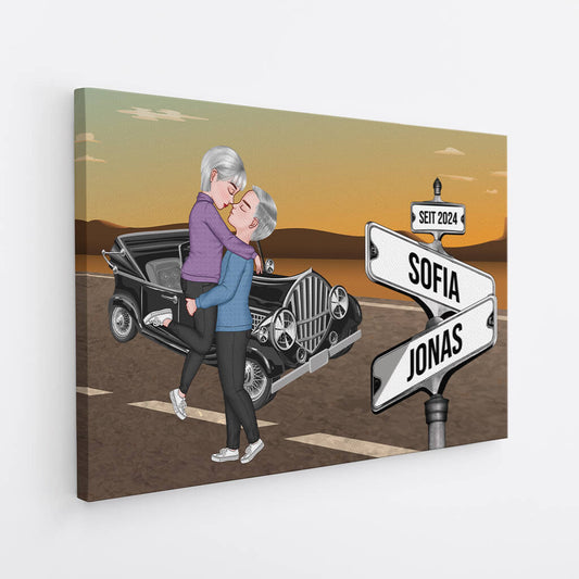 3723CGE2 strassenschild mit auto im vintage stil  personalisierte leinwand fur paare