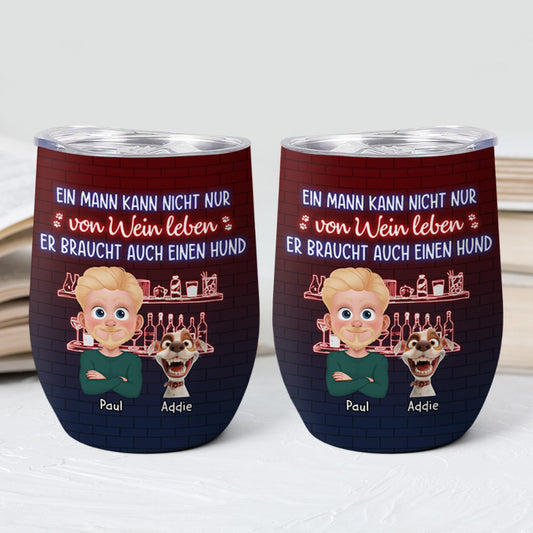 3874TGE2 eine frau kann nicht nur von wein leben cartoon personalisierter weinbecher fur hundeliebhaberin 3874T