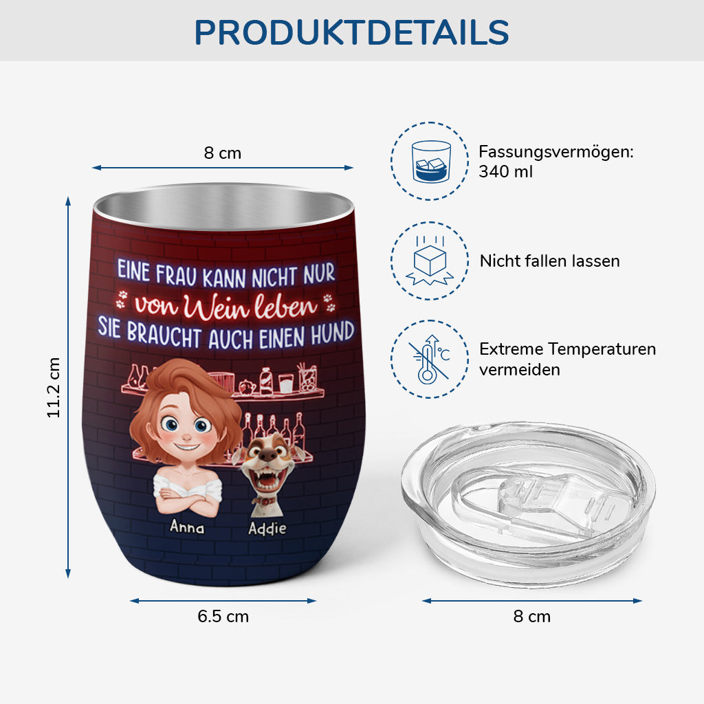 3874TGE3 eine frau kann nicht nur von wein leben cartoon personalisierter weinbecher fur hundeliebhaberin 3874T