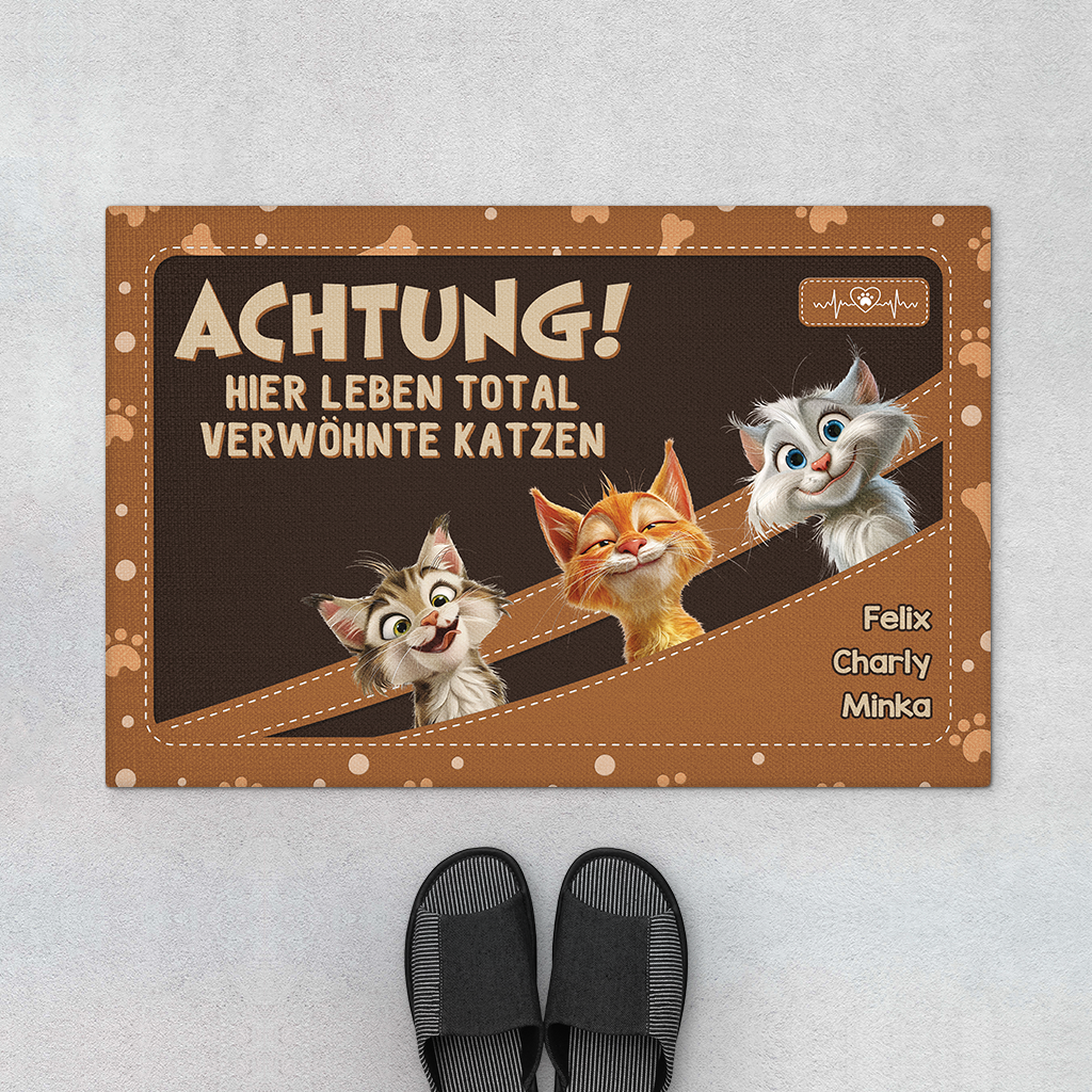 4011DGE1 achtung hier leben total verwohnte katzen personalisierte fussmatte katze lustig 4011D5N3D