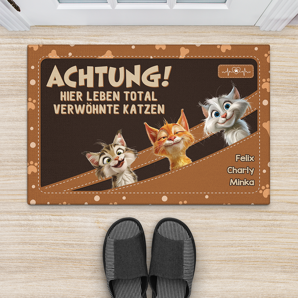 4011DGE2 achtung hier leben total verwohnte katzen personalisierte fussmatte katze lustig 4011D5N3D