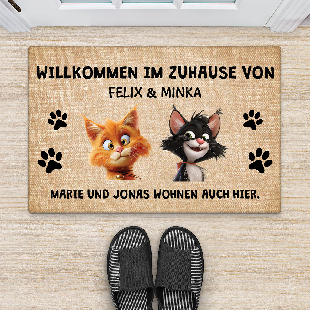 4145DGE2 willkommen bei  wohnen auch hier fussmatte personalisiert katze_ 4145D8I5D