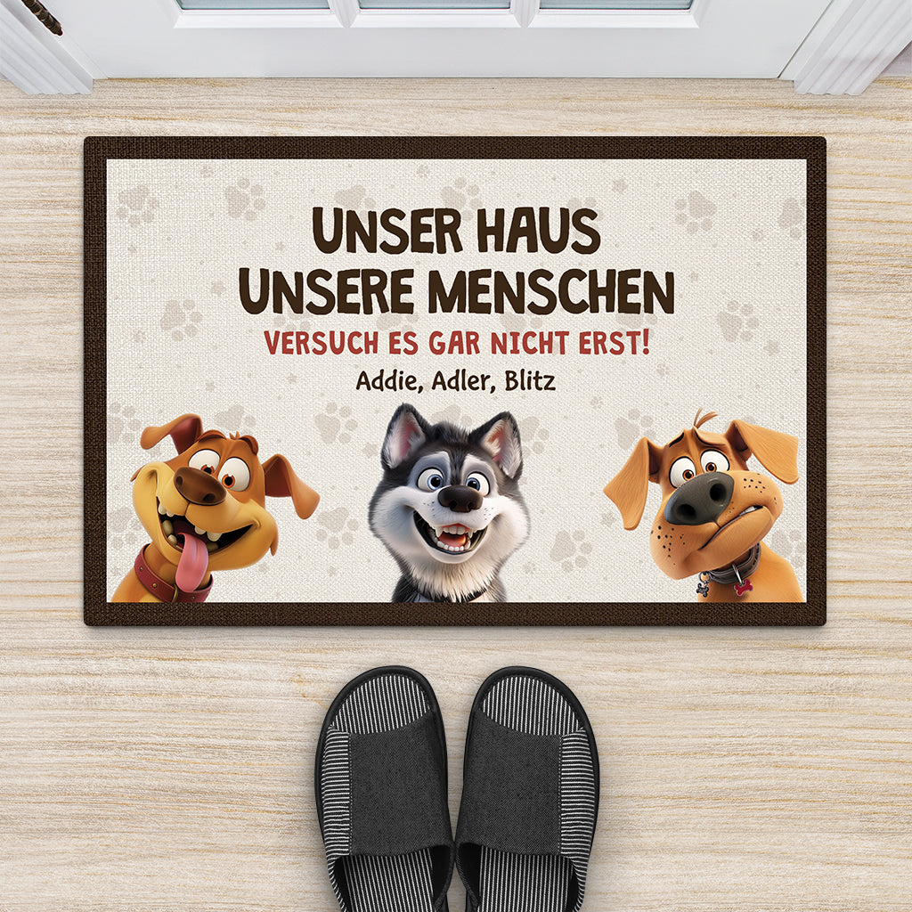 4438DGE2 unser haus unsere menschen lustige fussmatte hund personalisieren_ 4438D